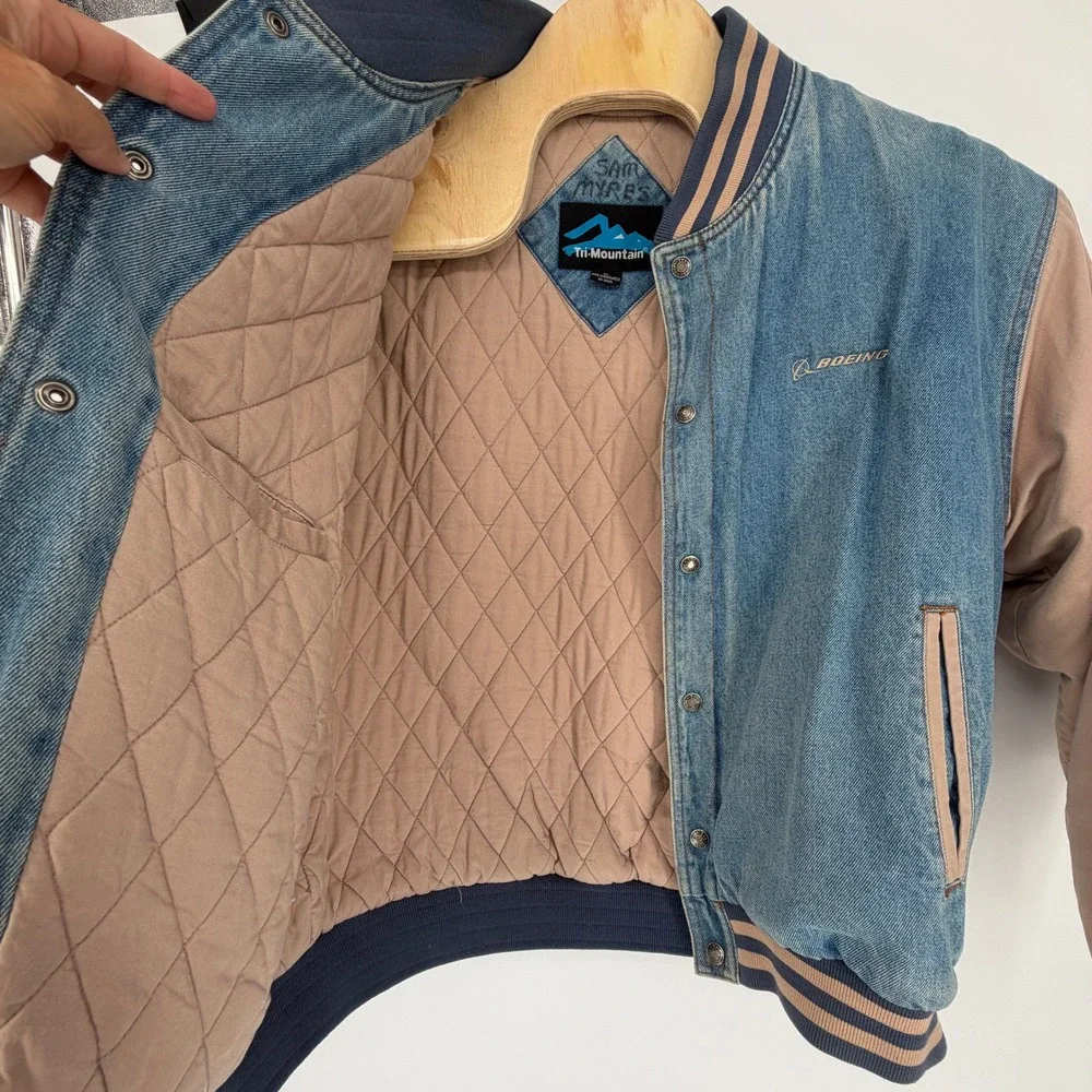Tri-Mountain Boeing Denim Varsity Jacket Mens XL Blue Tan Bomber Style 7700
